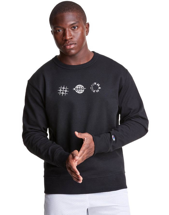 Champion Herre Sweatshirt Sort - Powerblend Fleece Crew Multi-Logos - Danmark LTY-286941